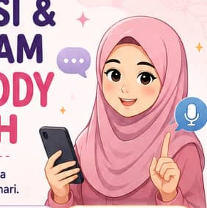 Ilustrasi Muslimah memegang telefon untuk latihan Speaking Buddy Muslimah